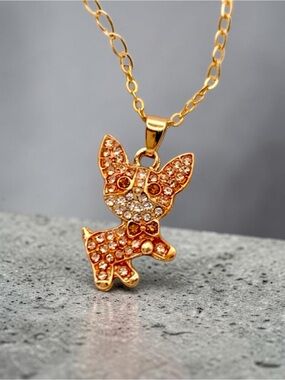 Chihuahua Puppy Dog Necklace in Rose Gold & Gold Plated with pave crystals
